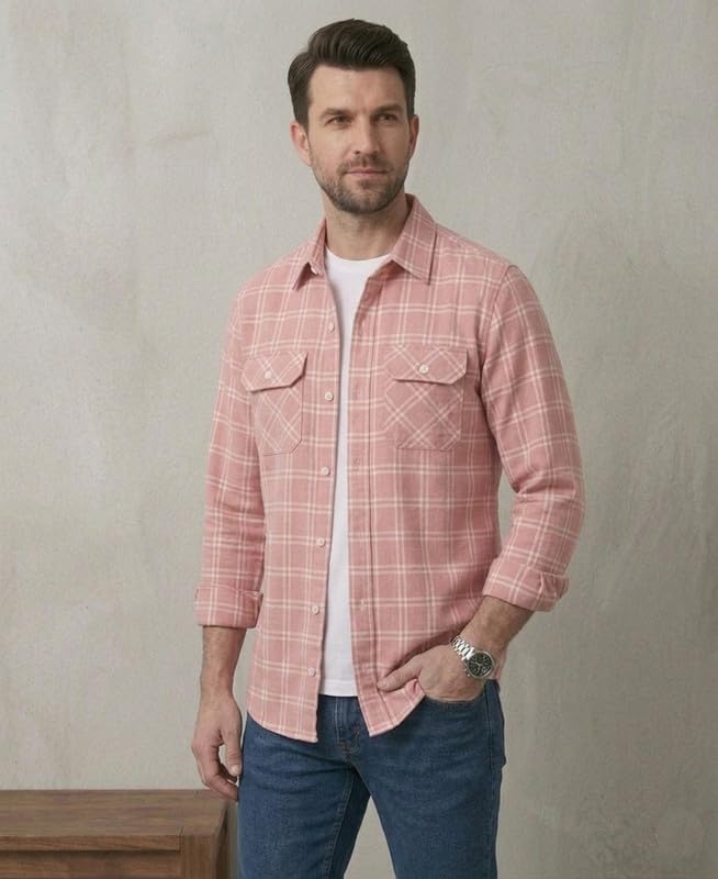 Image of DEELMO Men's Stylish Cotton Blend Casual Chakes Shirt || Full Sleeve Shirt with Dual Flap Pockets Fabric || Perfect for Casual and Classic Fit & Style || Stylish Everyday Wear