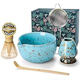 MONOJOY Matcha Bowl and Whisk Set, BPA-Free – Multi-Layer Ice-Crackle Ceramic Chawan with Spout, Bamboo Chasen, Holder, Scoop & Sifter | Japanese Ceremonial Matcha Tea Kit for Lattes & Beginners