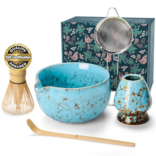 MONOJOY Matcha Bowl and Whisk Set, BPA-Free – Multi-Layer Ice-Crackle Ceramic Chawan with Spout, Bamboo Chasen, Holder, Scoop & Sifter | Japanese Ceremonial Matcha Tea Kit for Lattes & Beginners by MONOJOY - Used condition - US$9.87