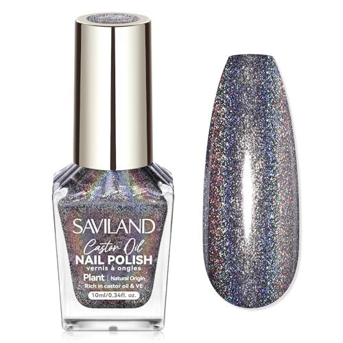 Image of SAVILAND Holographic Black Nail Polish: Metallic Chrome Nail Polish Air Dry Fast,10 ml /0.34 oz Winter Dark Black Glitter Nail Pigment Oil-based Shimmer Fingernail Polish for Salon DIY Home for Women