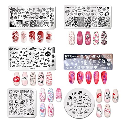 Nail Stamp Plates 6 Pcs Valentine's Day Theme Nail Art Stamp Template Set Diy Print Manicure Tool Nail Art Decorations For Valentine's Day #TOP9