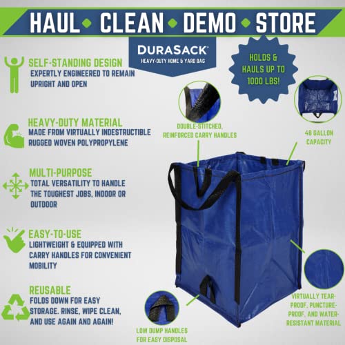 Image of DURASACK Heavy Duty Home and Yard Waste Bag 48-Gallon Woven Polypropylene, Reusable Lawn and Leaf Garden Bag with Reinforced Carry Handles, Pop-Up Self-Standing Garbage Can, Blue (Pack of 2)