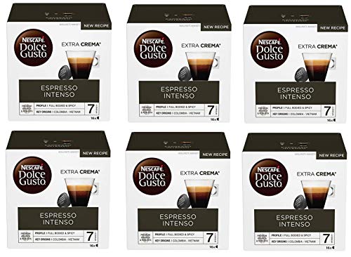 6x Nestlé Nescafé Dolce Gusto Capsule Espresso Intenso Extra Crema Gerösteter und gemahlener Kaffee 16 Kapseln Intensität 7