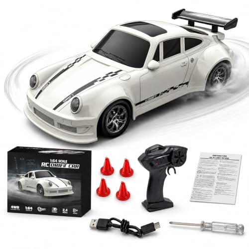 Voiture Télécommandée Drift 1:64 RC 4WD Blanche avec Phares LED