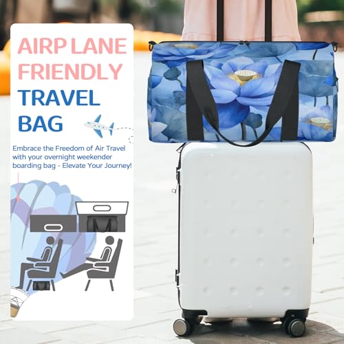 Lotus Travel Duffle Bag Sports Yoga Weekender Overnight Workout Bags Blue Floral Lightweight Waterproof Gym Tote Bag for Women3