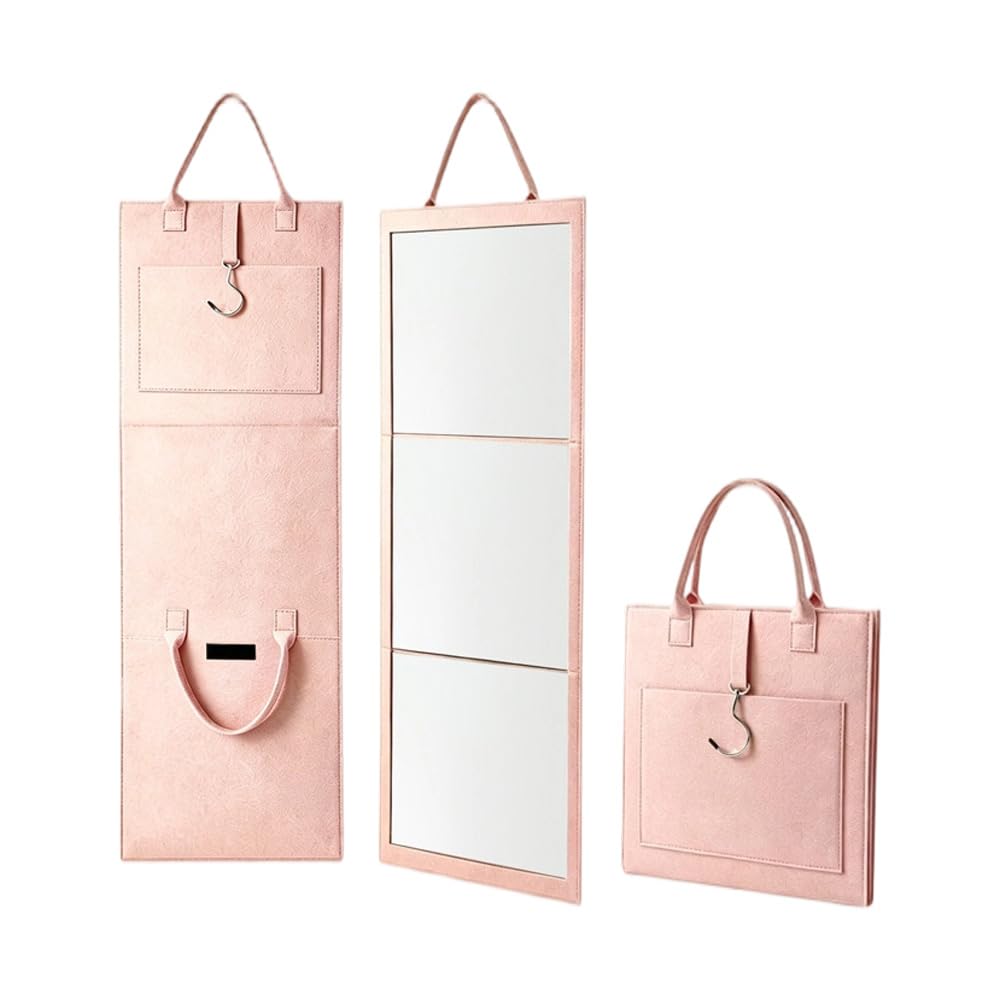 Glyntheum Foldable Full Length Mirror, Three‑Fold Portable Shatterproof Body Mirror with Handle, Hanging Wall Mirror for Travel Backstage Dance Camping Bedroom, Space‑Saving, pink