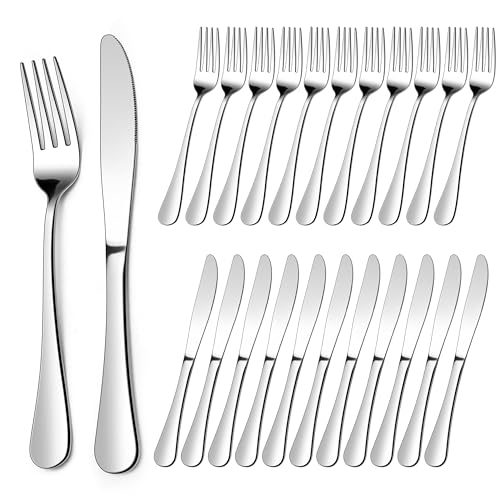 Homikit Lot de 24 couverts à steak en acier inoxydable avec couteaux à steak et fourchettes à steak, couverts à steak pour 12 personnes, argentés avec poignée ronde, pour maison, restaurant, hôtel