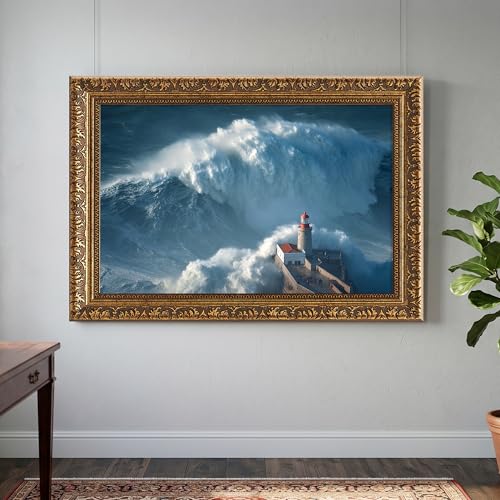 Ocean Wave and Lighthouse Canvas Print Vintage Gold Framed Poster