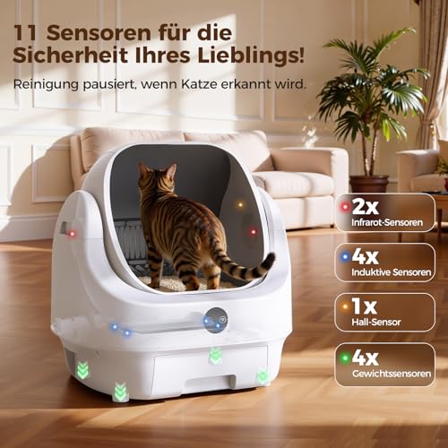 Katzenklo Selbstreinigend Offen, Ellenpent Elektrische Katzentoilette für Große Katzen mit Geruchskontrolle - App-Steuerung & Sensoren Katzenklo Automatische Reinigung