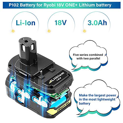 2Pack 3.0Ah P102 Battery Replacement Compatible with Ryobi 18V Lithium P103 P104 P105 P107 P108 P109 P190 P191 P122 for 18V ONE+ Cordless Power Tools
