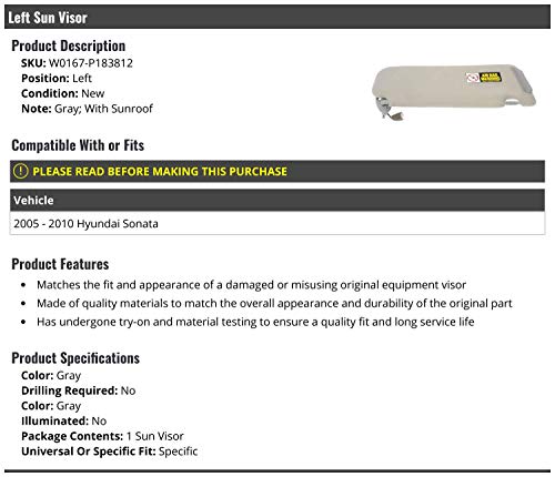 Marketplace Auto Parts, Left Sun Visor - Gray - Compatible with 2005-2010 Hyundai Sonata (with Sunroof)