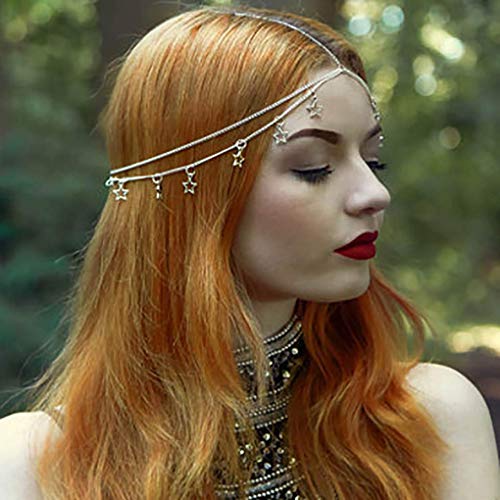 Derora Boho Moon Head chain Charm Vintage Hair Chain Festival Forehead Hair Jewelry Black Gypsy Headpiece Hair Accessories for Women Girls (Star)