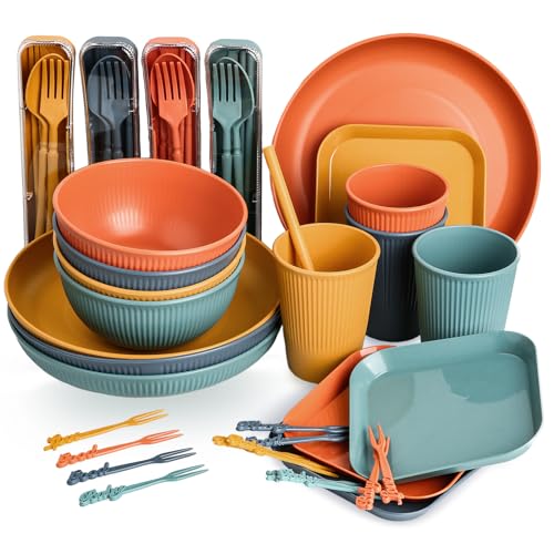 Platos de mesa de 52 piezas, platos planos de plástico irrompibles y reutilizables, cubiertos de mesa, cuencos y huecos para 4 personas, camping, pícnic, uso diario