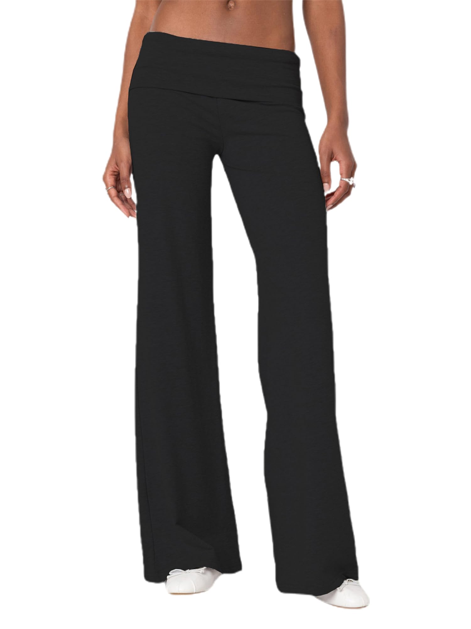 Svuitmsl Women Fold Over Waistband Yoga Pants Low Rise Bootcut Stretchy Flare Pants Y2k Slim Fit Leggings Bell Bottoms (D-Black, XL)