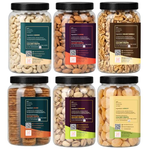 Image of LILA DRY FRUITS Dry Fruits Combo Pack Almonds, Cashews, Walnuts, Pistachios, Anjeer & Apricots 100 Gms x 6 Premium Mixed Dry Fruits Perfect for Gifting