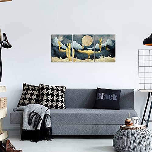 3 Piece Desert Cactus Canvas Wall Art Moon Mountain Painting Pictures Nordic Southwestern Prints Artwork For Living Room Bedroom Bathroom Decor Framed Ready To Hang #TOP4