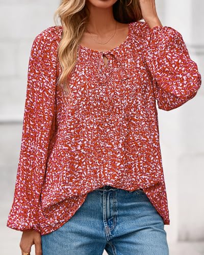 KIRUNDO Boho Tops for Women Going Out Floral Long Sleeve Shirts Dressy Casual Work Blouses Drawstring 2025 Fall Outfits4