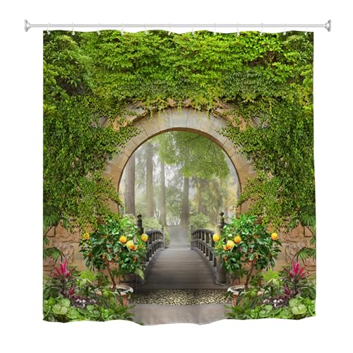 goodbath Garden Shower Curtain Outdoor 3D Summer Sunny Park Arch Scenery Bath Curtains for Bathroom Outside Fence Wall 180 x 180 cm Green