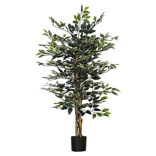 HOMCOM Ficus Artificial con Troncos 130 cm Planta Artificial con Macetas y 702 Hojas Realistas para Decoración del Hogar Salón Dormitorio Ø15x130 cm Verde