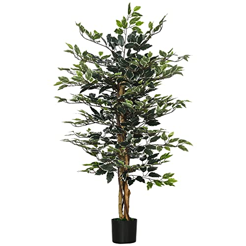 HOMCOM Ficus Artificial con Troncos 130 cm Planta Artificial con Macetas y 702 Hojas Realistas para Decoración del Hogar Salón Dormitorio Ø15x130 cm Verde