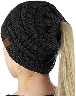 YouGa Winter Women Ponytail Hat - Women Ponytail Beanie Hat Cable Stretch Knit Cap Winter Outdoor Warm Messy Bun Hat with Hole