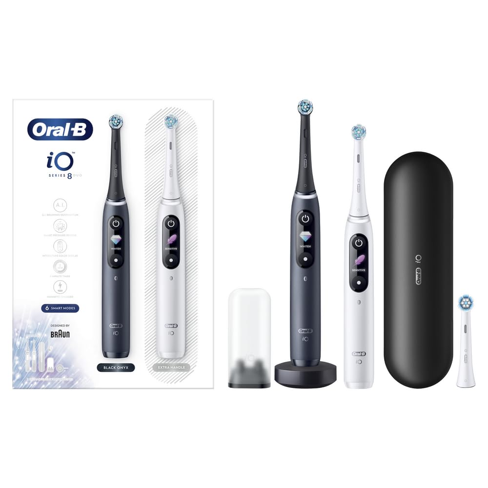 Oral-B iO 8 Cepillos de Dientes Eléctricos (Pack de 2), 2 Mangos Recargables, Tecnología Magnética Revolucionaria, Pantalla a Color, 3 Cabezales, Funda Viaje Premium, Regalos Originales, Blanco/Negro
