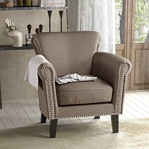 Christopher Knight Home Brice Vintage Scroll Arm Studded Fabric Club Chair, Light Coffee / Dark Brown #TOP1