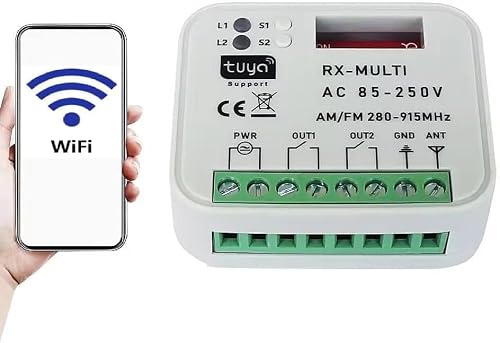 Récepteur WiFi radio universel avec chaque télécommande multi-marque, compatible avec Google Home Alexa App Tuya fréquence AM/FM 280-915 MHz 2 canaux fixe rolling code AC/DC 85-250 V portail de garage