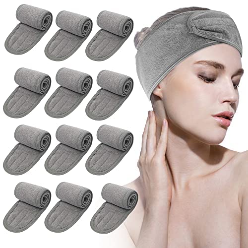 Leaflai Spa Headband, Head Wrap Terry Cloth Headband Make Up Wrap Head Adjustable Towel with Magic Tape Non-slip Stretchable Washable for Bath, Makeup and Sport (12Pcs Gray)