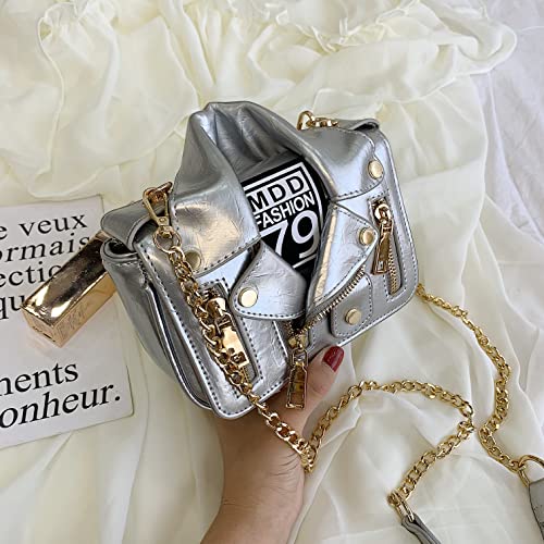 Women Crossbody Bags Chain Shoulder Jacket Bags Motorcycle Messenger Bag Leather Handbags for Girls Purse (Silver)2