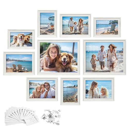 SONGMICS Picture Frames with 16 Mats, Set of 10, Photo Frames with Two 8x10, Four 5x7, Four 4x6 Frames, Hanging or Tabletop Display, MDF and Glass, 12 Non-Trace Nails, Rustic White RPF049W01