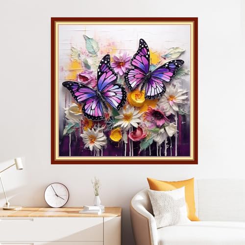 Image of Disxvivy Cross Stitch Stamped Full Embroidery Kits DIY 11CT Cotton Thread Printed DIY Needlepoint Kits Craft Needlework Set Cross-Stitch Stamped Sets-Butterflies Gather Honey 18x18 inch