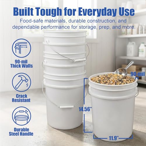 Image of ePackageSupply 5 Gallon Bucket - Food Grade w /Lid BPA-Free, White /Blue, 6 | Airtight Gamma Seal Screw-On Lid, Heavy-Duty 90 Mil HDPE Plastic, Food Safe and Durable Container, Bulk Storage, Made in USA
