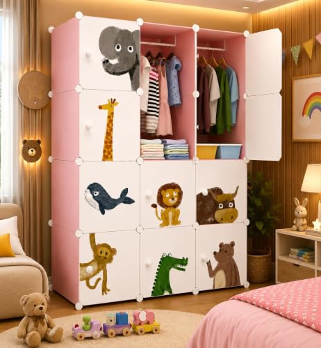 Image of 12 Door Plastic Wardrobe for Kids - Cupboard for Clothes Storage Rack, Almirah for Clothes, Baby Collapsible Wardrobe, Multi-Purpose Kids Storage Organizer for Books,Toy (Pink-KTM2, 12-Door)
