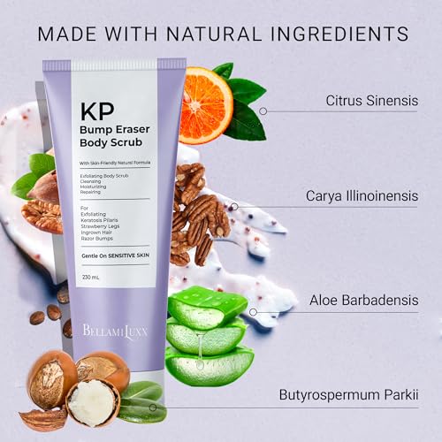 Image of BellamiLuxx KP Bump Eraser Body Scrub: Exfoliating Keratosis Pilaris, Strawberry Skin Treatment - Smooths Rough, Bumpy, Dry Skin on Arms, Legs, Buttocks - KP Scrub Wash Helps Reduce Ingrown Hair Bumps