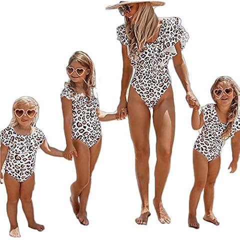 Family Matching Swimsuit Mom and Daughter One Piece Swimwear Bodysuit Off Shoulder Ruffle Bikini Bathing Suit (Girls, 1-2 T) Cover