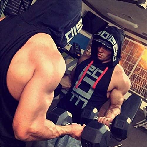 Image of HOT BUTTON Men's Hooded Tank Top | Slim Fit Sleeveless Gym Bodybuilding Stringer | Quick Dry Sports Training Vest Graphic Printed Hoodie for Men