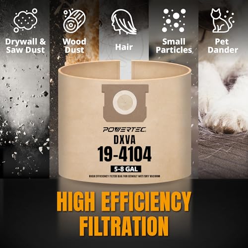 Image of POWERTEC DXVA19-4104 Shop Vac Bags 10PK for Dewalt 5-8 Gallon Wet /Dry Vacuums DXV05P-QT, DXV05S-QT, DXV06P-QT, DXV06PL, DXV08SA, Replacement Shop Vacuum Dust Collection Filter Bags (75129-P2)