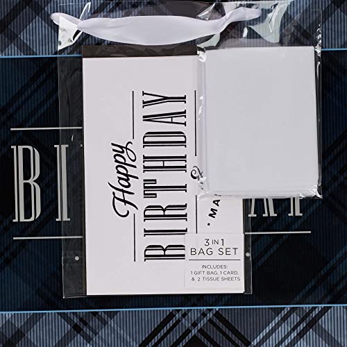 Christian Art Gifts Landscape Gift Bag With Card And Tissue Paper Set - Happy Birthday And Many More, Black And Navy Blue Plaid, Large #TOP3