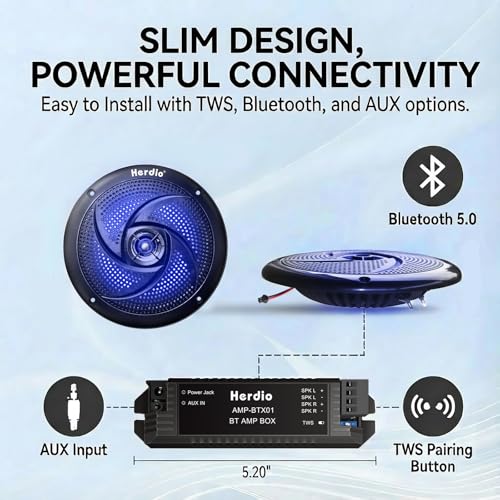 Image of Herdio 5.25 inch Bluetooth Marine Speakers, Low Profile Slim Design with LED Lights, 160W 2-Way Weather Resistant Outdoor Audio, Suitable for Boat, RV, UTV, ATV, Golf Cart (2-Pack, Black)
