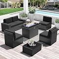 LayinSun 7 Pieces Outdoor Patio Furniture Set with 44" Fire Pit Table Rattan Sectional Sofa Conversation Sets