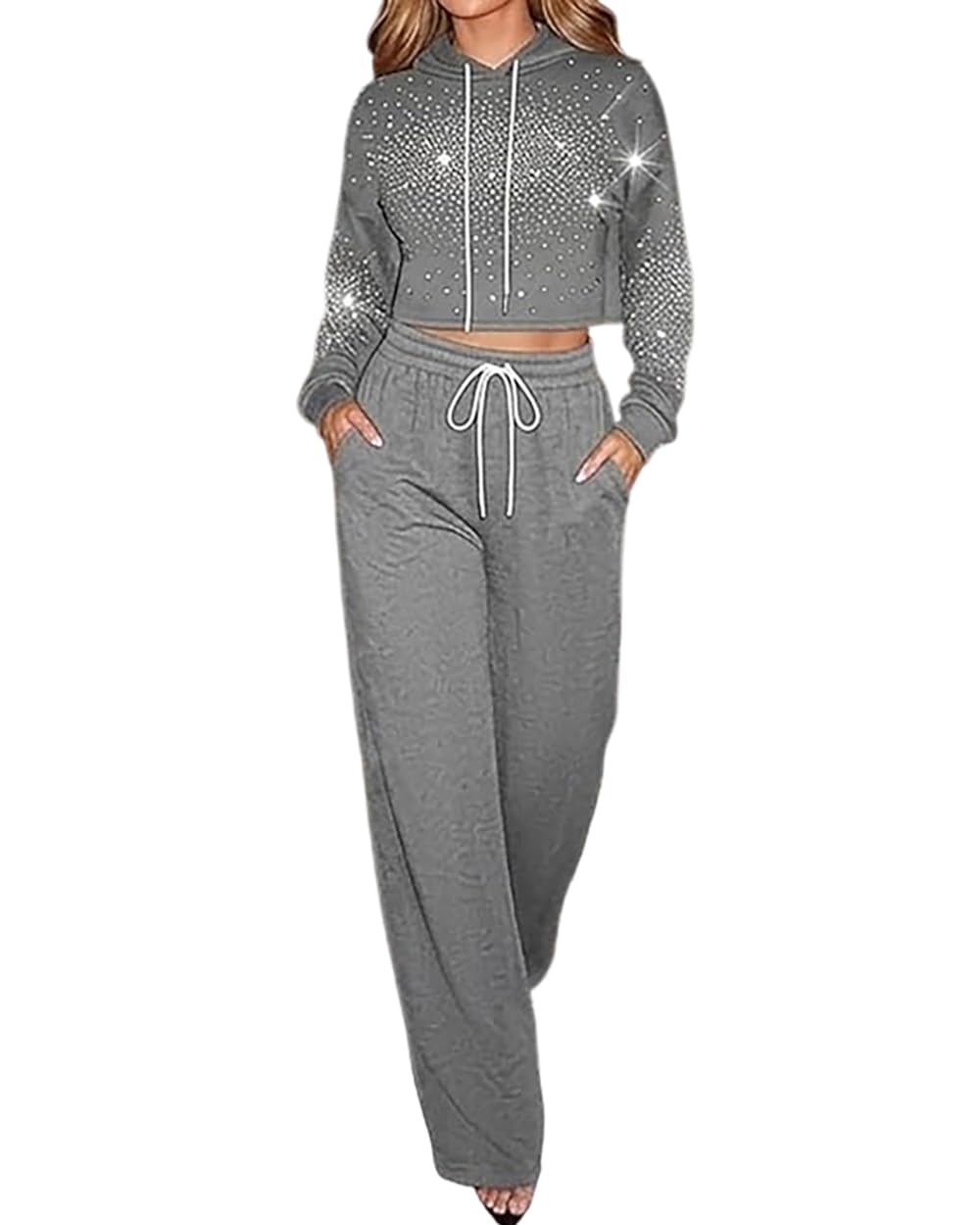 CHICME Rhinestone Hoodie Sweatpants Set for Women Fall 2 Piece Outfit
