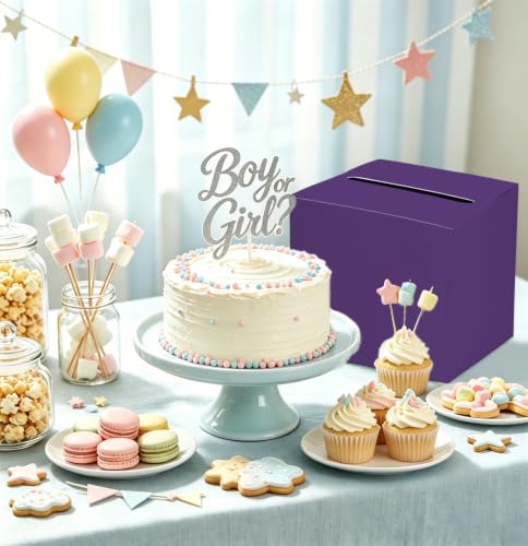 Image of SietDESEO Purple Card Box for Graduation Large Gift Card Box Holder 9.8 inch x 9.8 inch Money Cards Box Diy Card Box for Wedding Reception Baby Shower Birthday Cards Box Holder