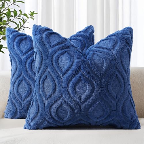 decorUhome Fall Throw Pillow Covers 16x16 Inch Set of 2, Soft Plush Decorative Faux Fur Dark Blue Solid Couch Pillow Covers, Accent Farmhouse Neutral Square Euro Pillow Cases for Sofa Bed Living Room