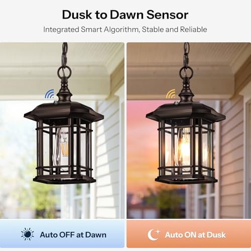 Image of Gleamz Dusk to Dawn Hanging Exterior Light, Oil Rubbed Bronze Outdoor Pendant Light, 100% Aluminum Hanging Porch Light Fixture, Outdoor Ceiling Sconce for Porch, Entryway, Backyard, Patio, 1 Pack