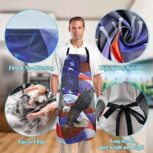 2 Pack Aprons For Men With 3 Pockets, Adjustable Waterproof Kitchen Bib Apron With 2 Towels For Chef Servers Grilling Cooking Baking, Plus Size American Flag Eagle Aprons For Bbq Painting Gardening #TOP3