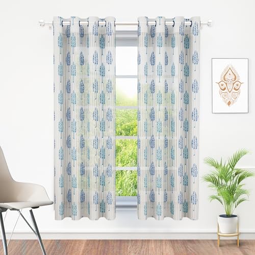 Image of Sheer Window Curtains Light Curtains 5 Feet for Living Room Fancy Curtains for Home, |Motif| White & Blue |Polyester, Pack of 10