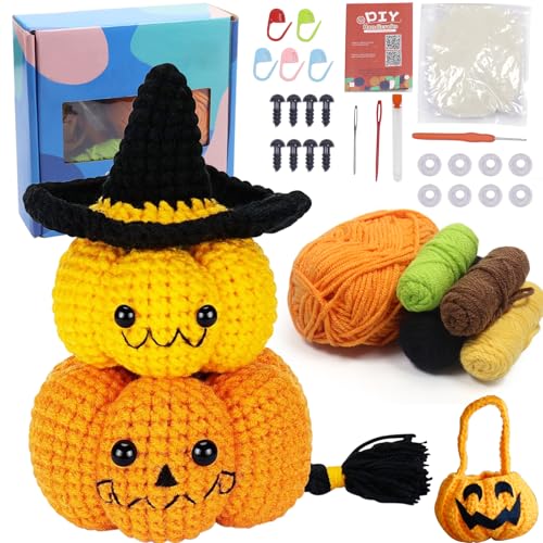 Häkelset für Anfänger, Crochet Set, Komplettes Halloween Kürbis Strickset für Anfänger, Häkel Set mit Häkelnadeln, Garn, Videokurs und Anleitung, DIY Häkelset Tiere, Crochet Kit für Erwachsene Kinder