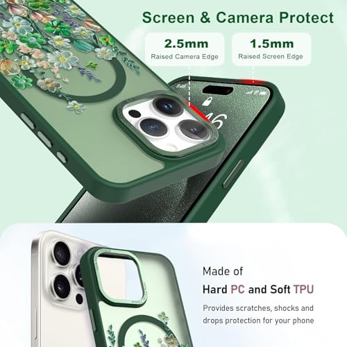 Image of Magnetic for iPhone 15 Pro Max Case with for Women, Green Floral | Pretty Oil Painting Flower Pattern Design [Compatible with MagSafe] Shockproof Slim Translucent Matte Non-Slip Cover