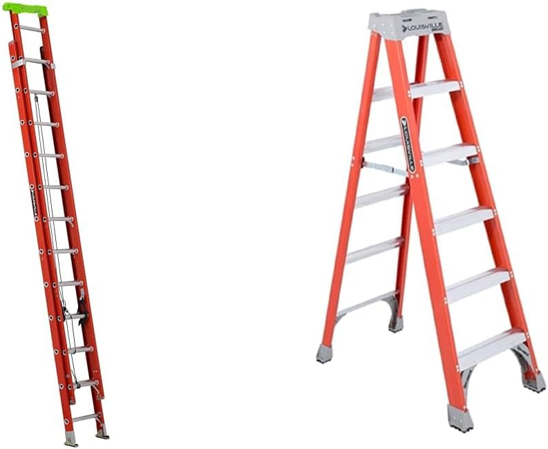Louisville Ladder 24-Foot Fiberglass Extension Ladder, 300-Pound Capacity, L-3022-24PT, Red & 6-Foot Fiberglass Step Ladder, 300-Pound Capacity, FS1506